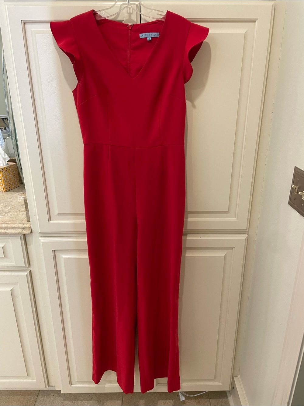 ANTONIO MELANI Red V-Neck Flutter-Sleeve Jumpsuit